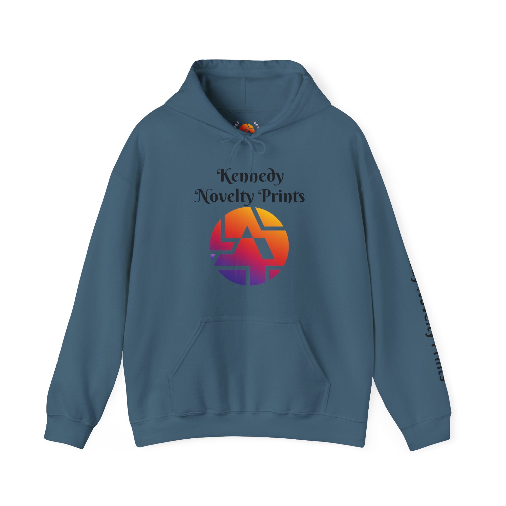 Kennedy Novelty Prints Logo Hoodie — Gradient Retro Graphic Hooded Sweatshirt