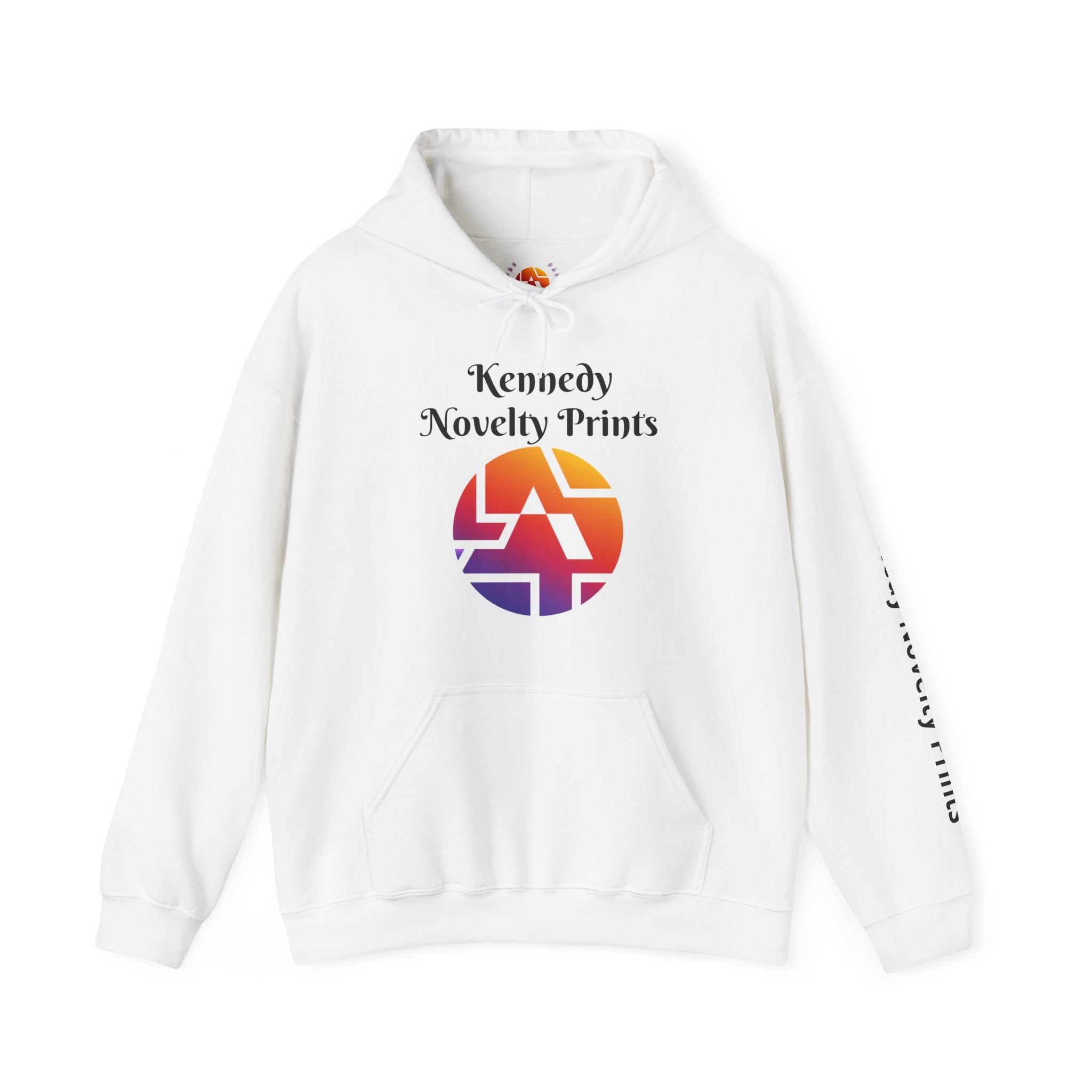 Kennedy Novelty Prints Logo Hoodie — Gradient Retro Graphic Hooded Sweatshirt