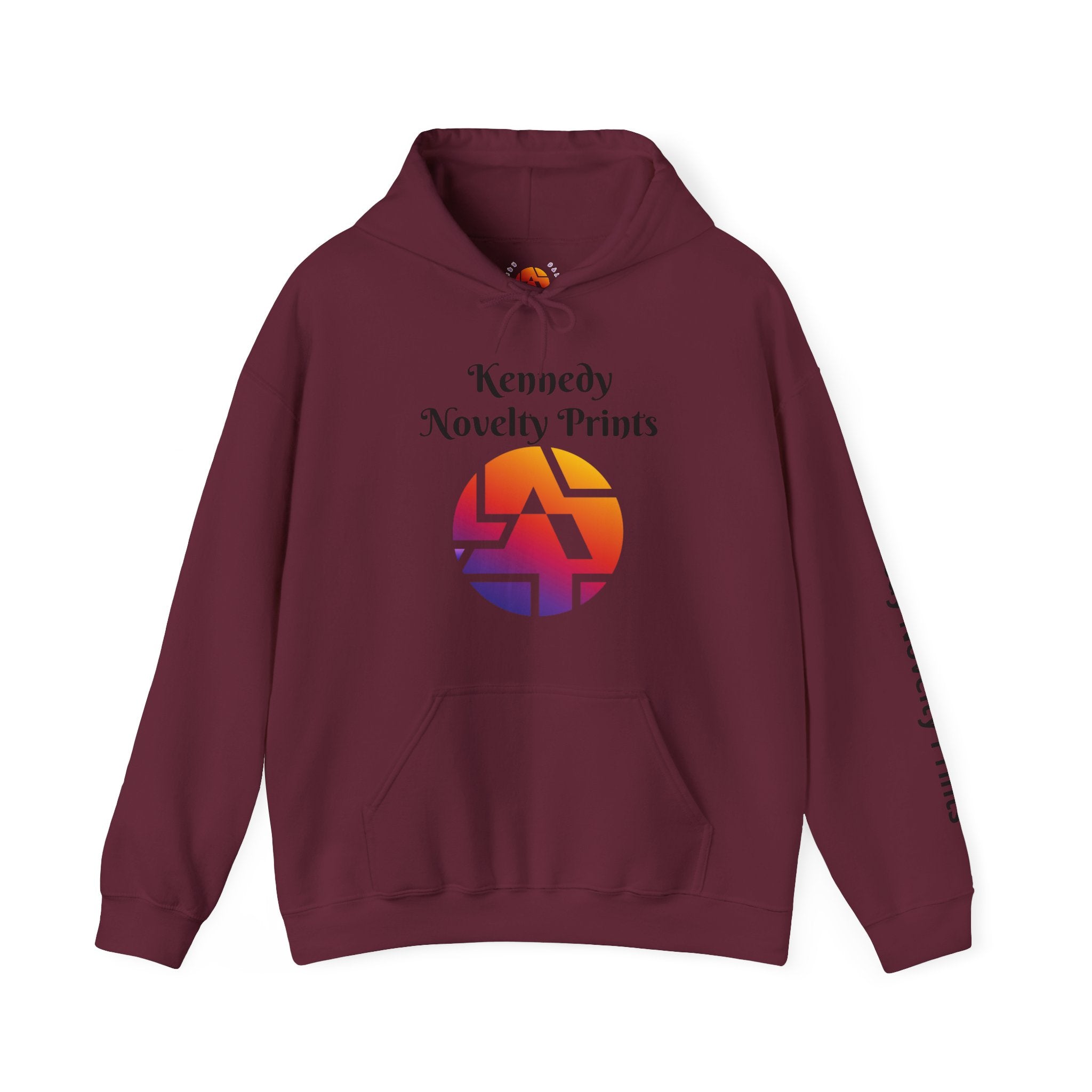 Kennedy Novelty Prints Logo Hoodie — Gradient Retro Graphic Hooded Sweatshirt