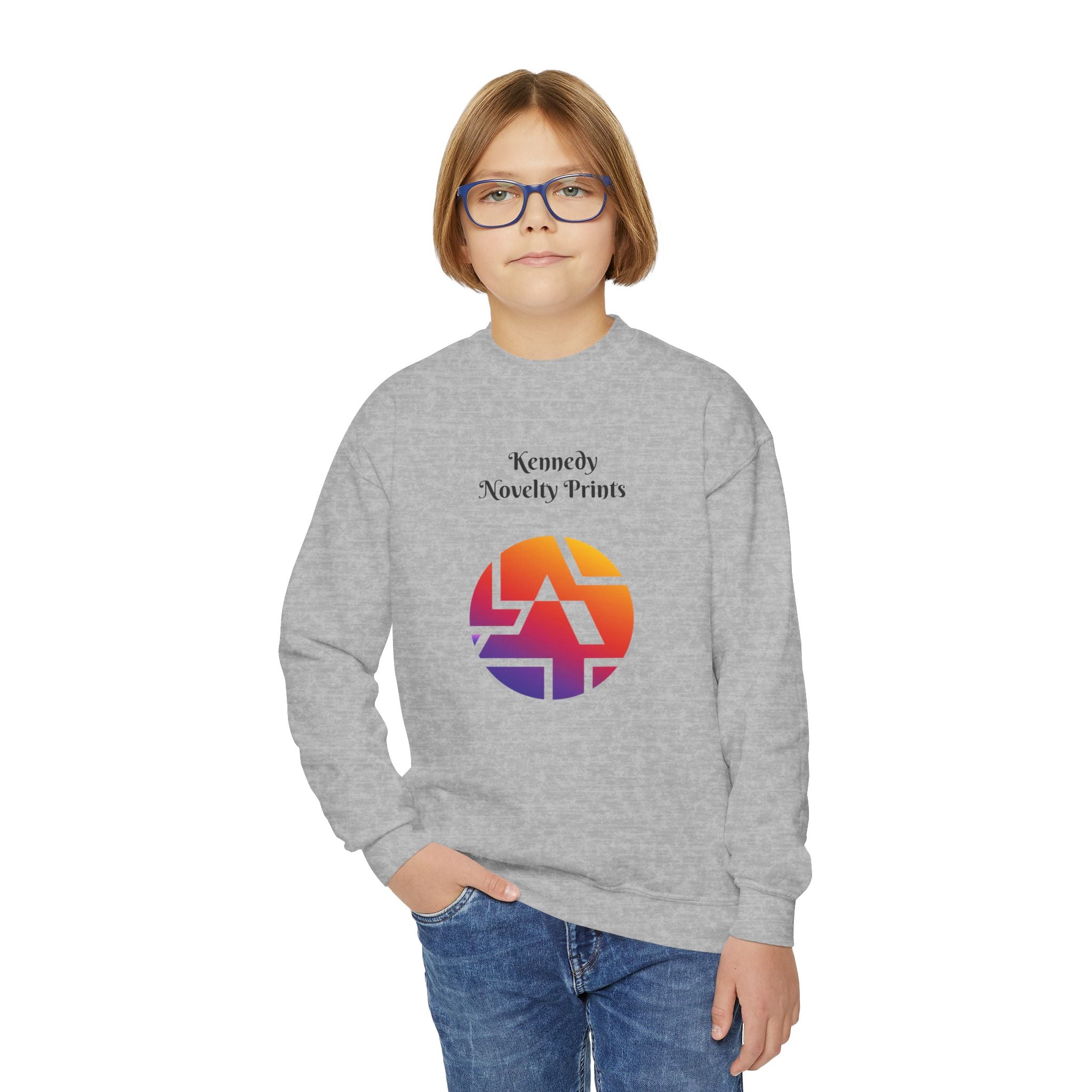 Youth Crewneck Sweatshirt — Retro Gradient Logo "Kennedy Novelty Prints"