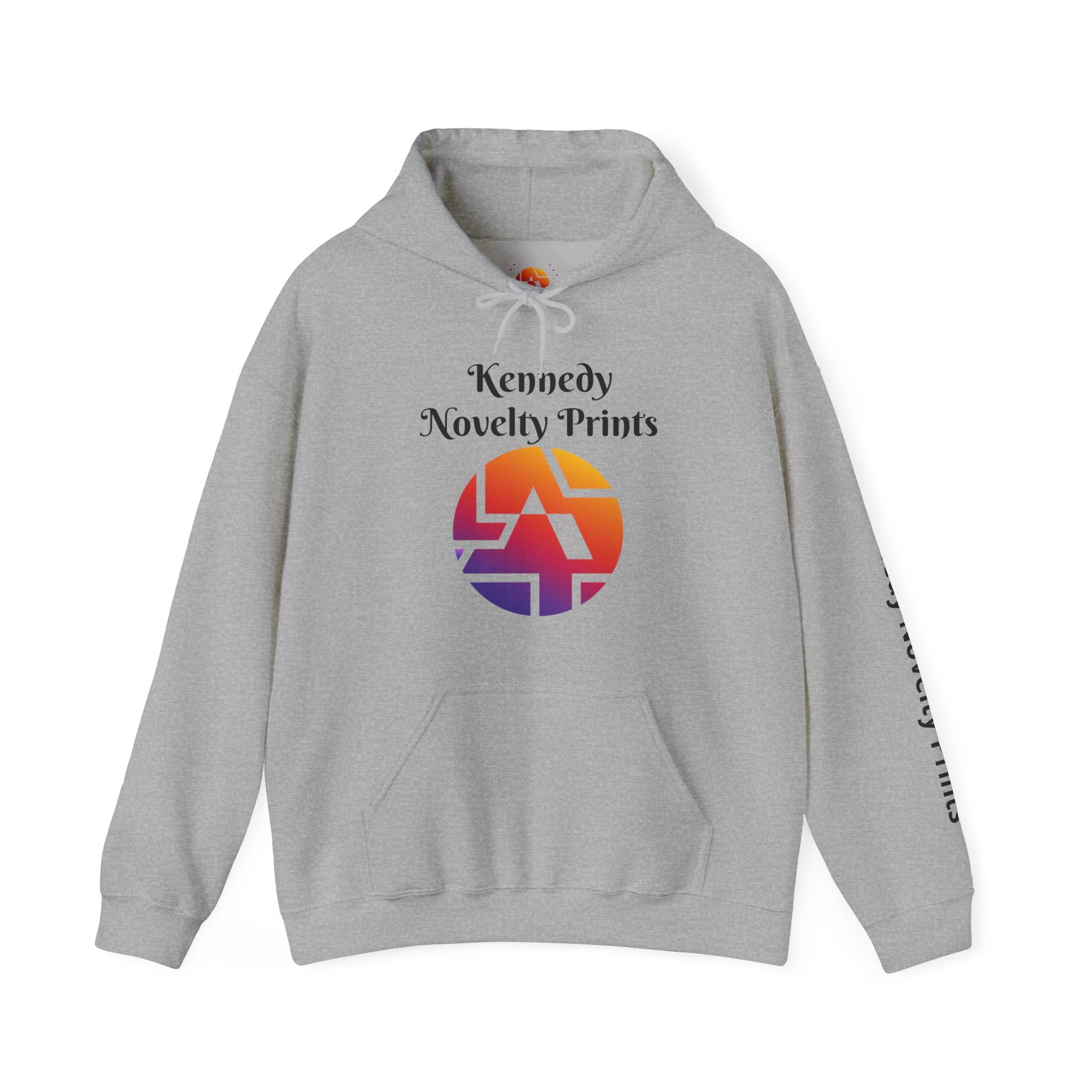 Kennedy Novelty Prints Logo Hoodie — Gradient Retro Graphic Hooded Sweatshirt