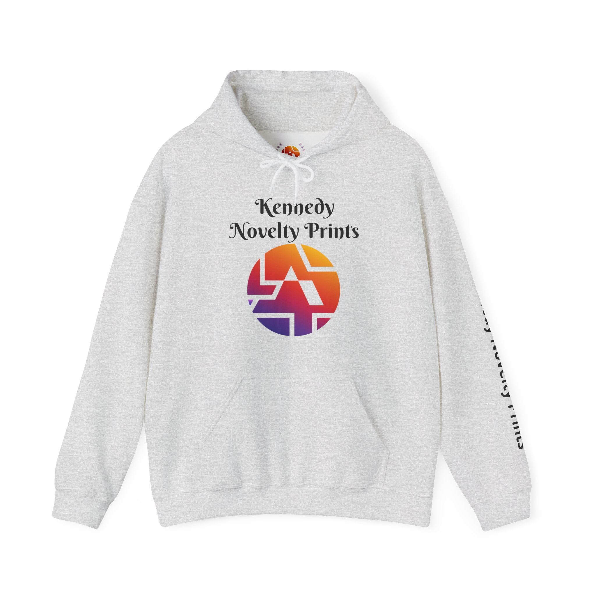 Kennedy Novelty Prints Logo Hoodie — Gradient Retro Graphic Hooded Sweatshirt