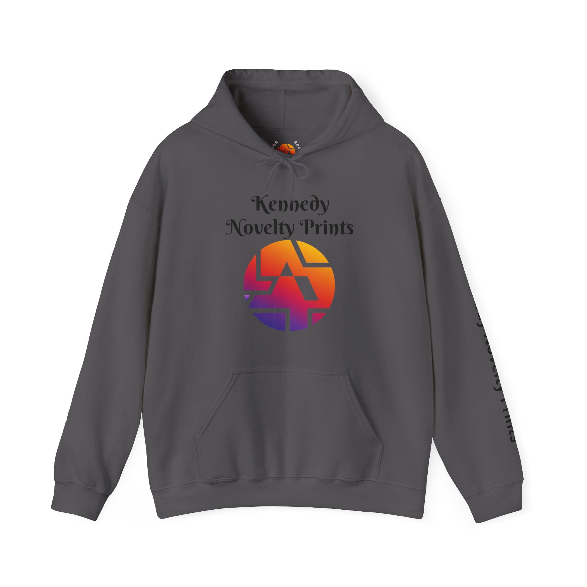 Kennedy Novelty Prints Logo Hoodie — Gradient Retro Graphic Hooded Sweatshirt