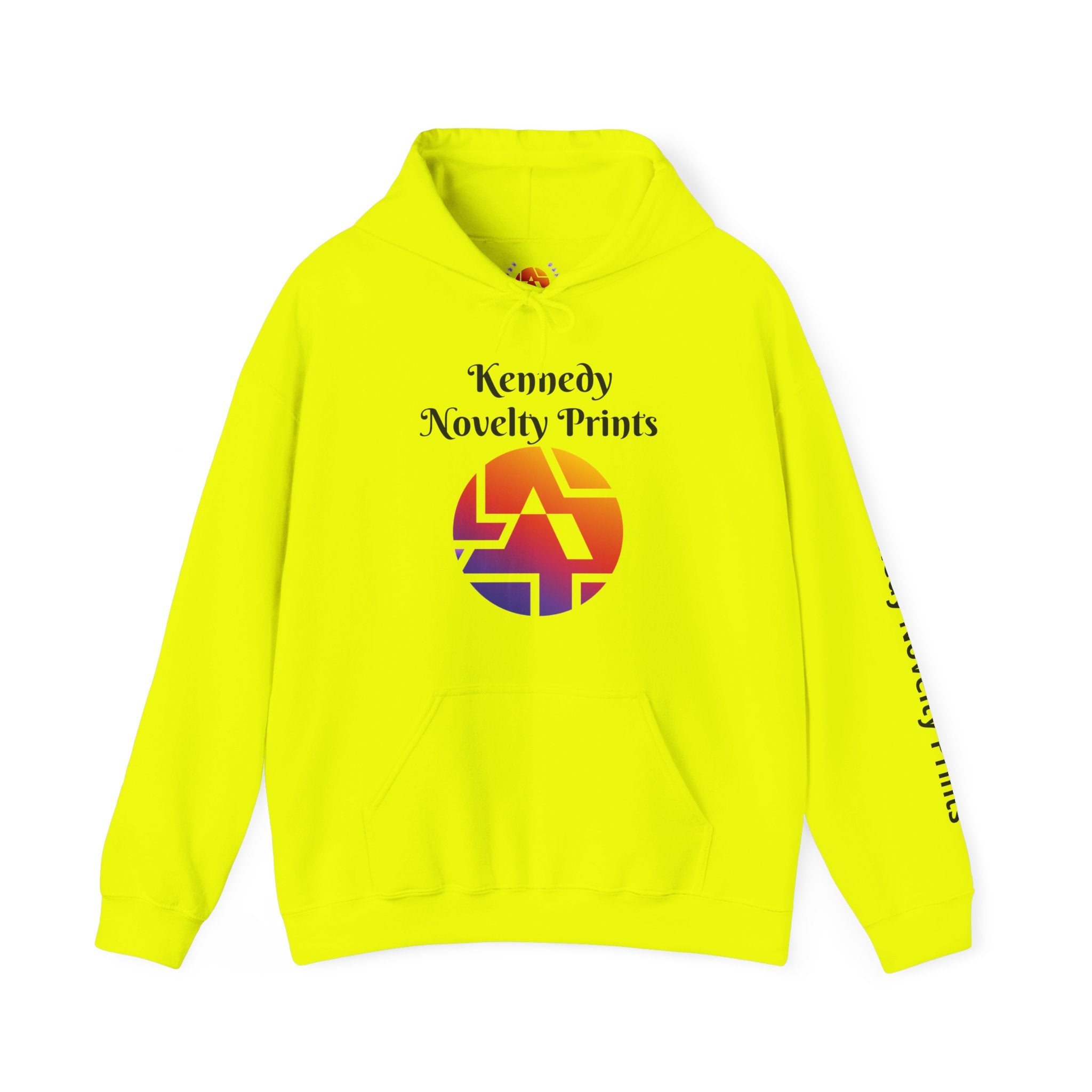 Kennedy Novelty Prints Logo Hoodie — Gradient Retro Graphic Hooded Sweatshirt