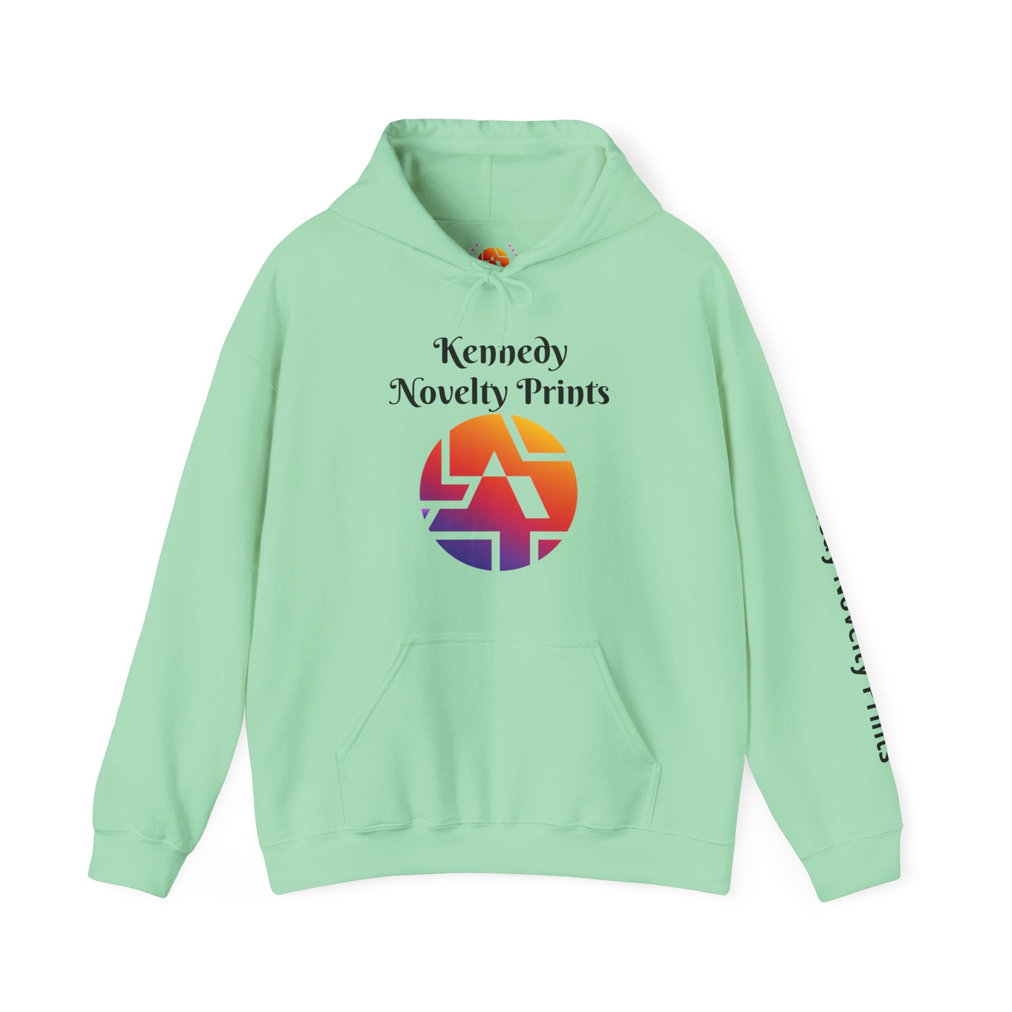 Kennedy Novelty Prints Logo Hoodie — Gradient Retro Graphic Hooded Sweatshirt