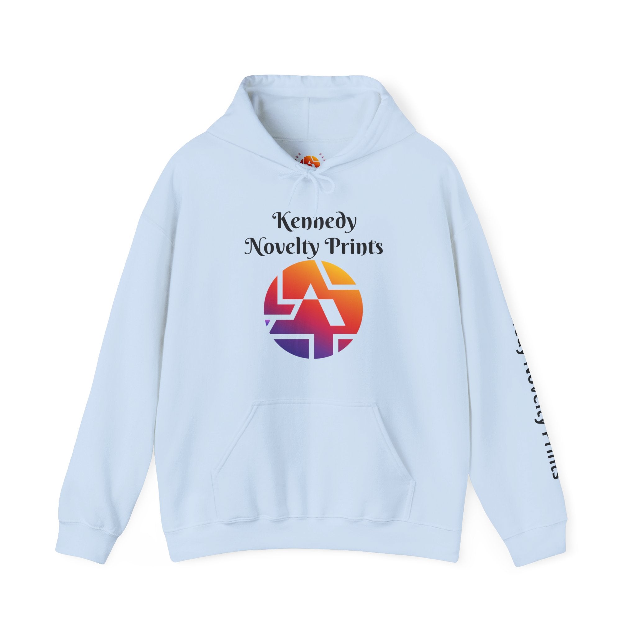 Kennedy Novelty Prints Logo Hoodie — Gradient Retro Graphic Hooded Sweatshirt